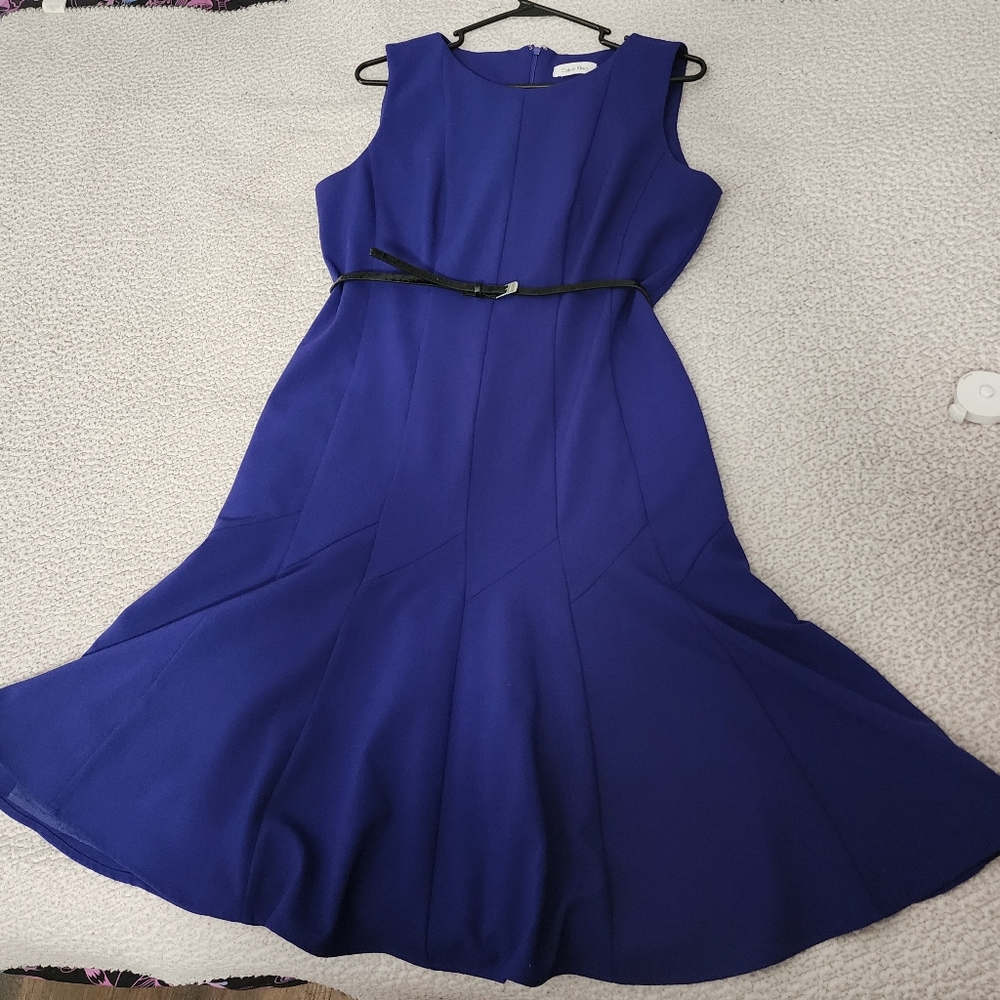 Calvin Klein Beautiful Blue Belted Sleeveless Pleated Dress - Picture 2 of 16